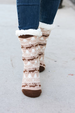 Brown Reindeer Sherpa Traction Bottom Slipper Socks - Molliee Boutique