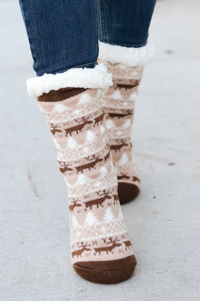 Brown Reindeer Sherpa Traction Bottom Slipper Socks - Molliee Boutique