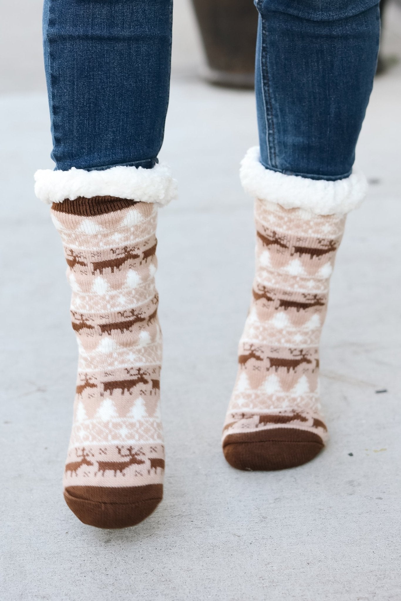 Brown Reindeer Sherpa Traction Bottom Slipper Socks - Molliee Boutique