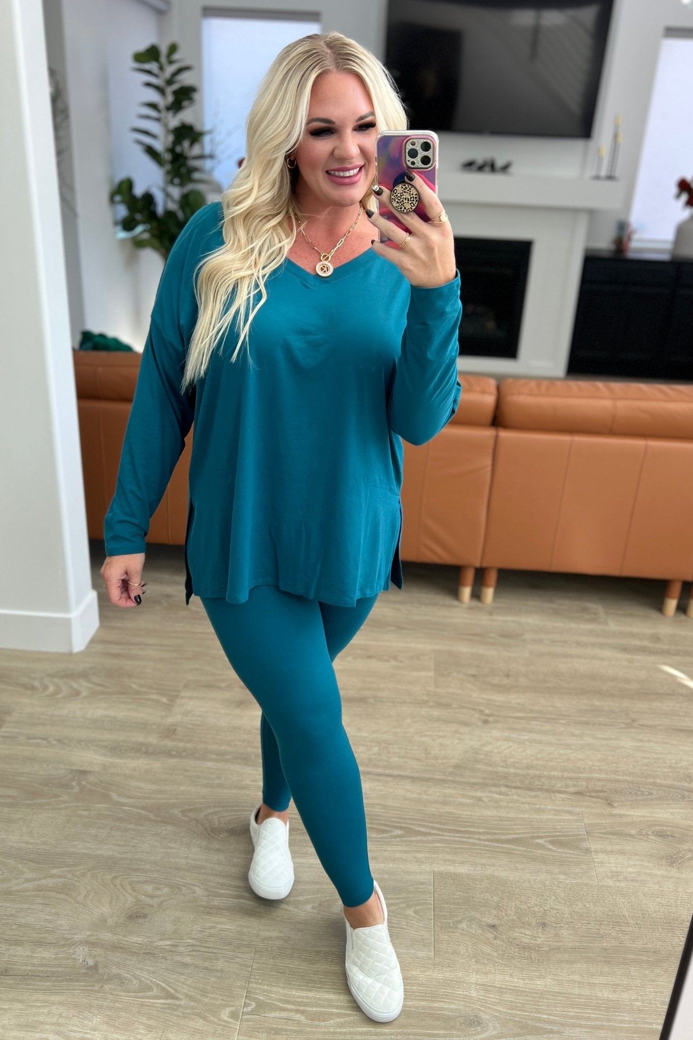 Buttery Soft V-Neck Long Sleeve Loungewear Set in Teal - Molliee Boutique