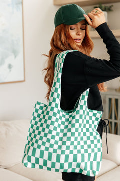 Checkerboard Lazy Wind Big Bag in Green & White - Molliee Boutique