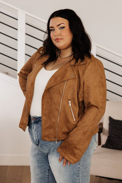 Clara Faux Suede Moto Jacket in Camel - Molliee Boutique