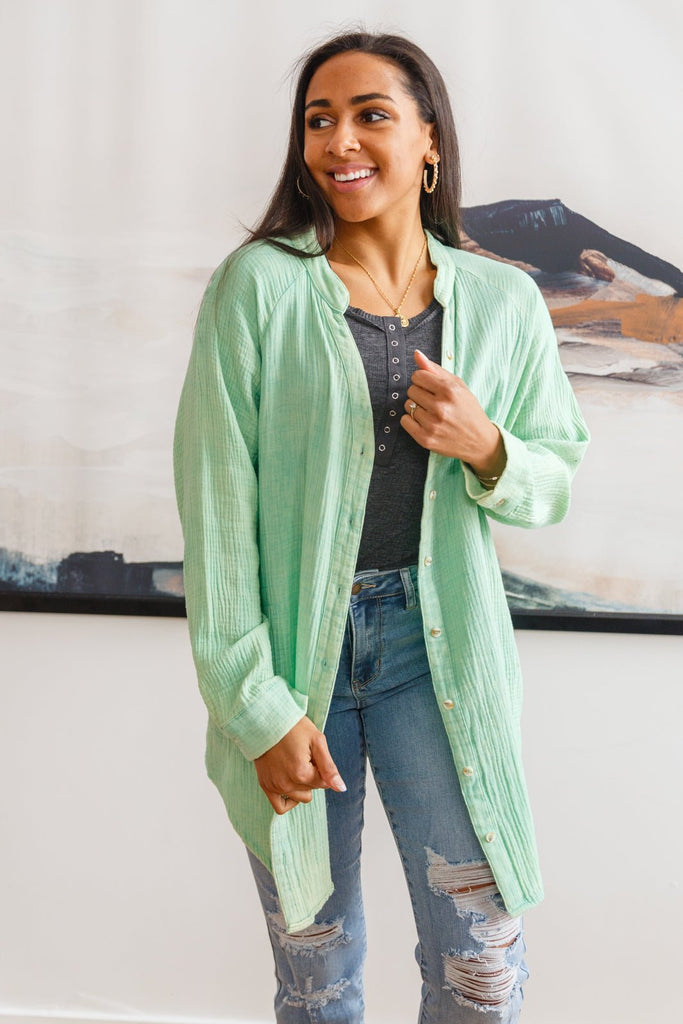 Corey Button Up Top In Vintage Green - Molliee Boutique