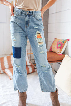 Cotton Washed High Waist Ripped Patchwork Straight Leg Jeans - Molliee Boutique