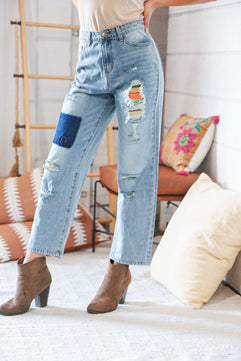 Cotton Washed High Waist Ripped Patchwork Straight Leg Jeans - Molliee Boutique