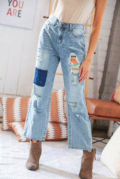 Cotton Washed High Waist Ripped Patchwork Straight Leg Jeans - Molliee Boutique