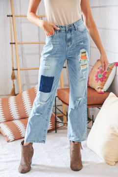 Cotton Washed High Waist Ripped Patchwork Straight Leg Jeans - Molliee Boutique