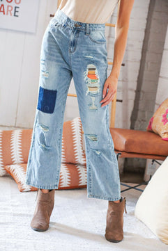 Cotton Washed High Waist Ripped Patchwork Straight Leg Jeans - Molliee Boutique