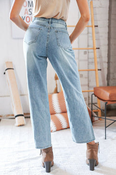 Cotton Washed High Waist Ripped Patchwork Straight Leg Jeans - Molliee Boutique