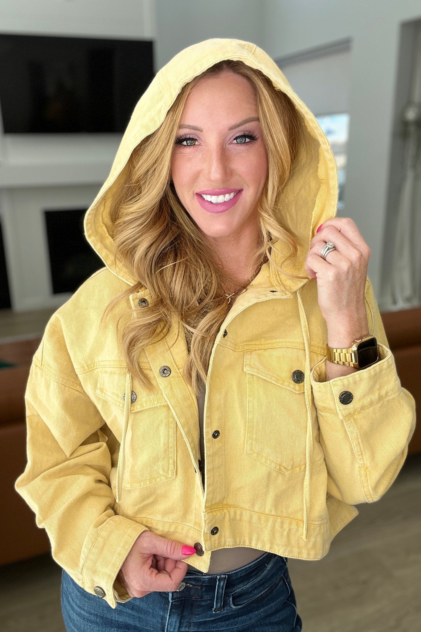 Cropped Hooded Denim Jacket in Mustard - Molliee Boutique