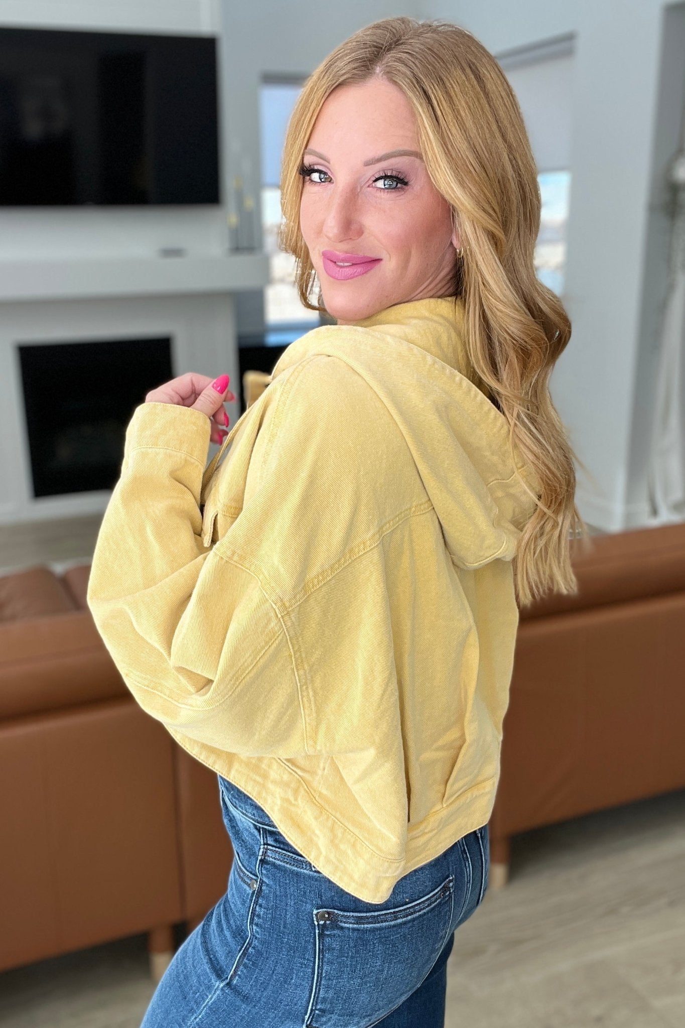 Cropped Hooded Denim Jacket in Mustard - Molliee Boutique