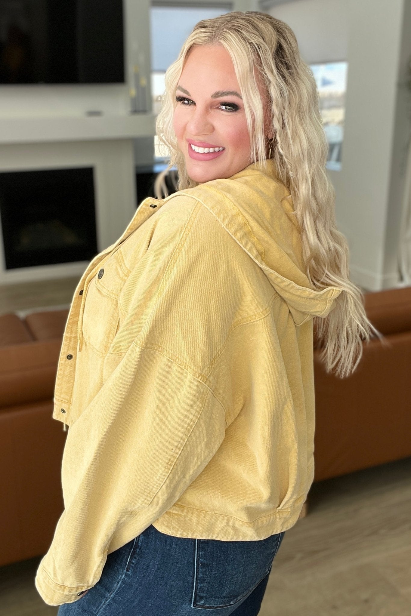 Cropped Hooded Denim Jacket in Mustard - Molliee Boutique