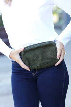 Dark Green Sherpa Zipper Buckle Belt Sling - Molliee Boutique