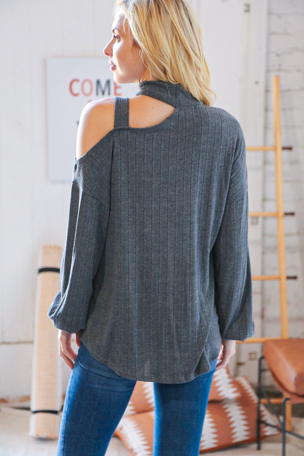 Dark Grey Ribbed Hacci Cold Shoulder Halter Top - Molliee Boutique