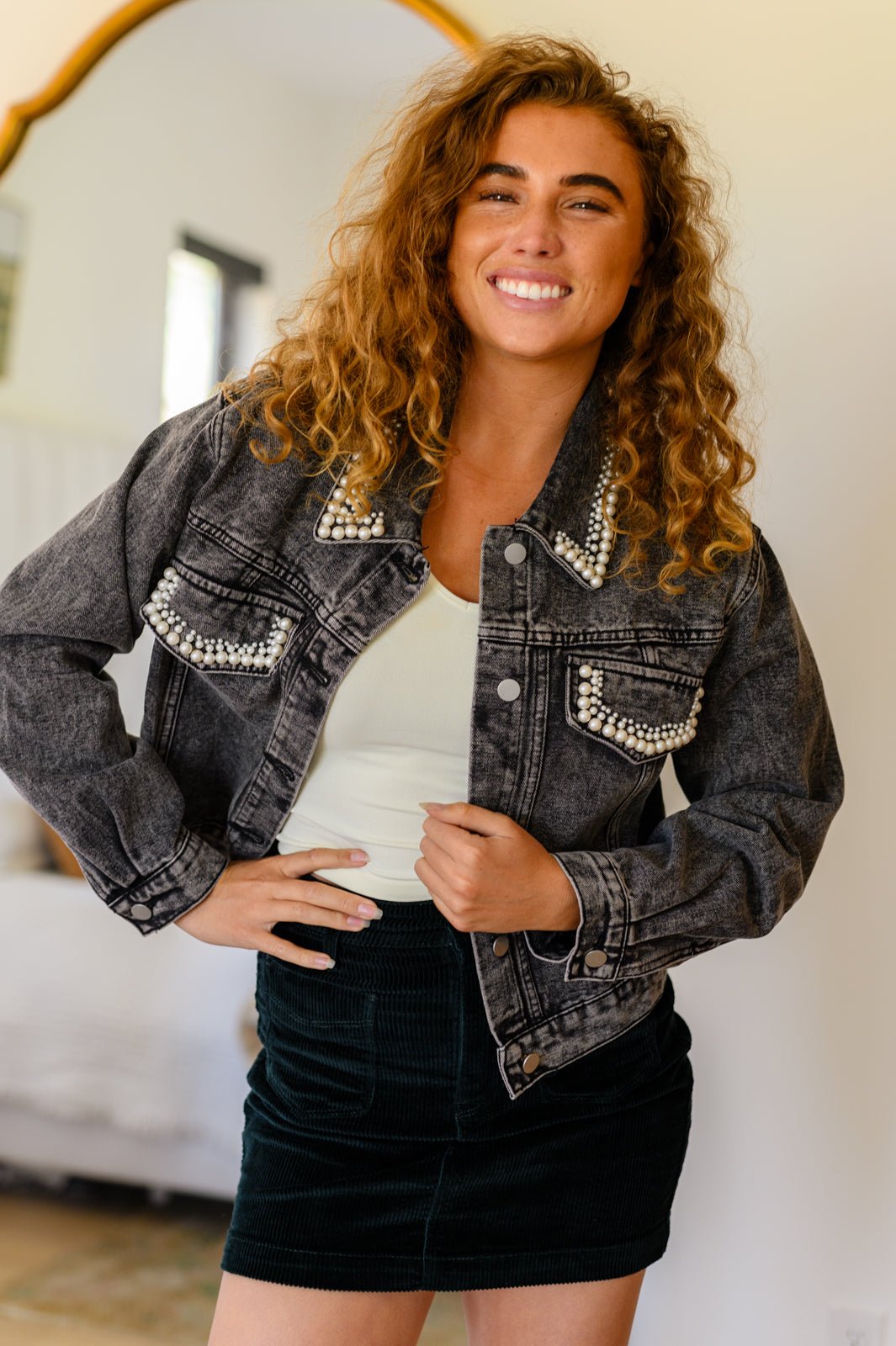 Denim And Pearls Denim Jacket - Molliee Boutique