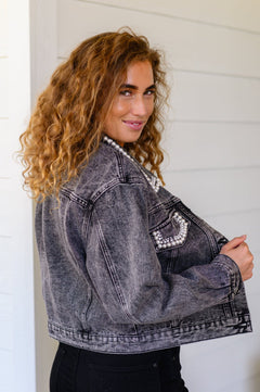 Denim And Pearls Denim Jacket - Molliee Boutique