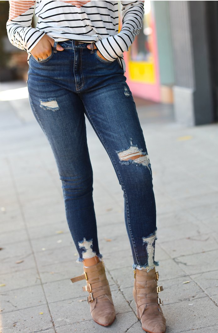 Distressed Denim High Rise Skinny Ankle Jeans - Molliee Boutique