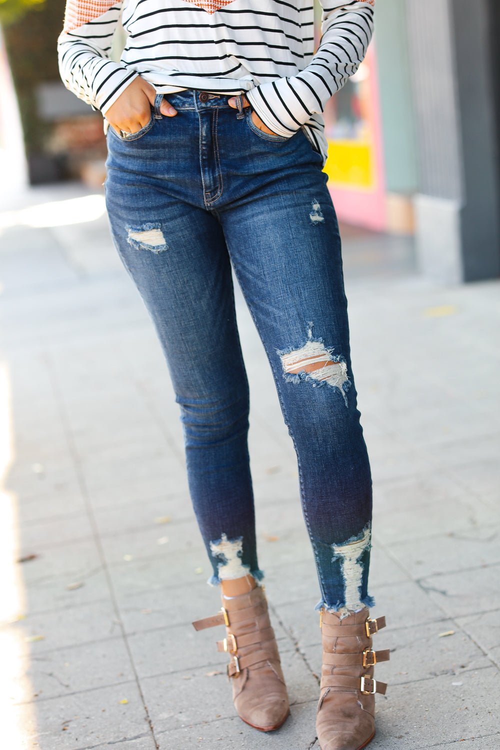 Distressed Denim High Rise Skinny Ankle Jeans - Molliee Boutique