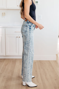 Dory High Waist Mineral Wash Raw Hem Wide Leg Jeans - Molliee Boutique