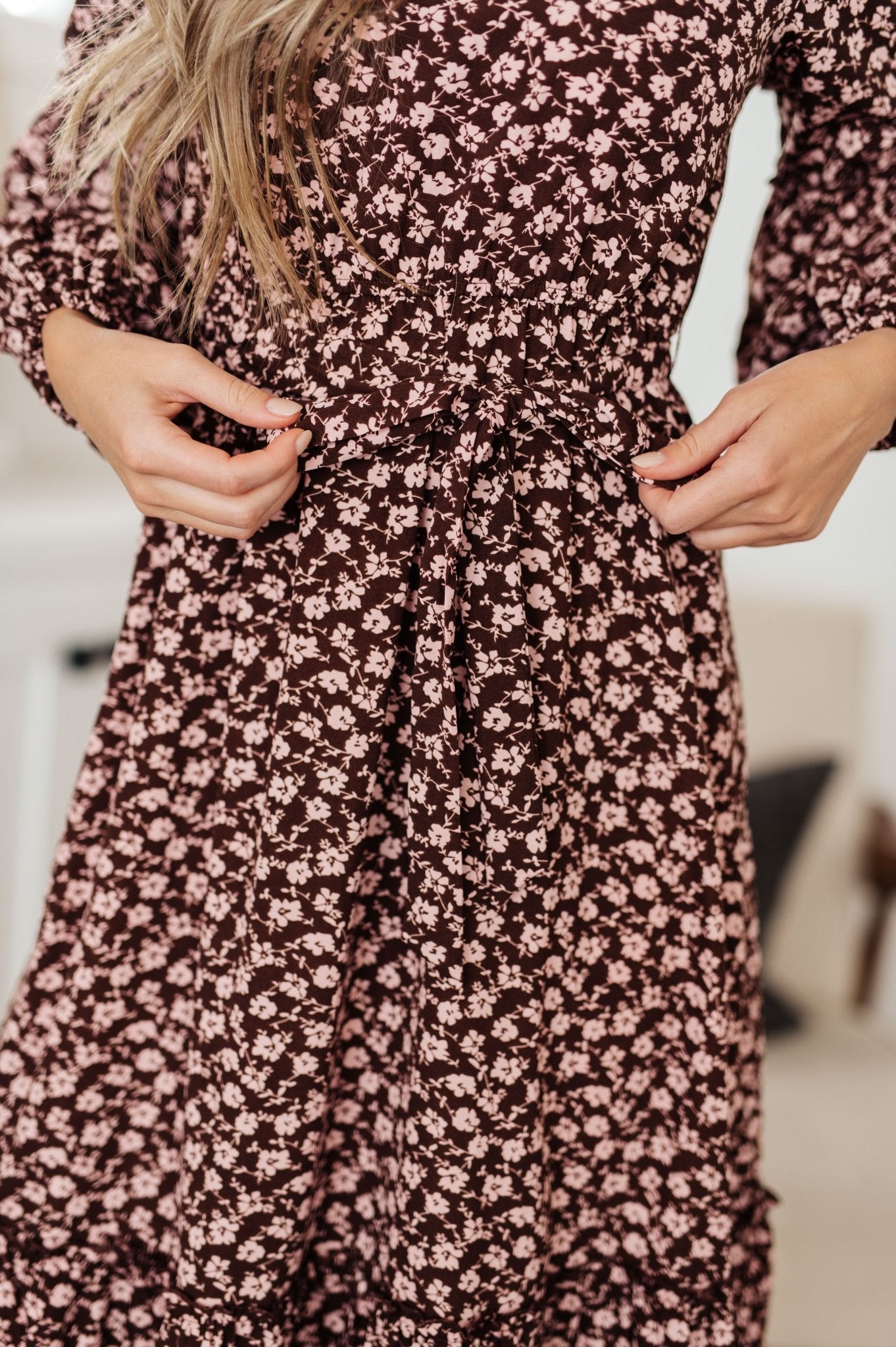 Flow With The Times Floral Midi Dress In Brown - Molliee Boutique