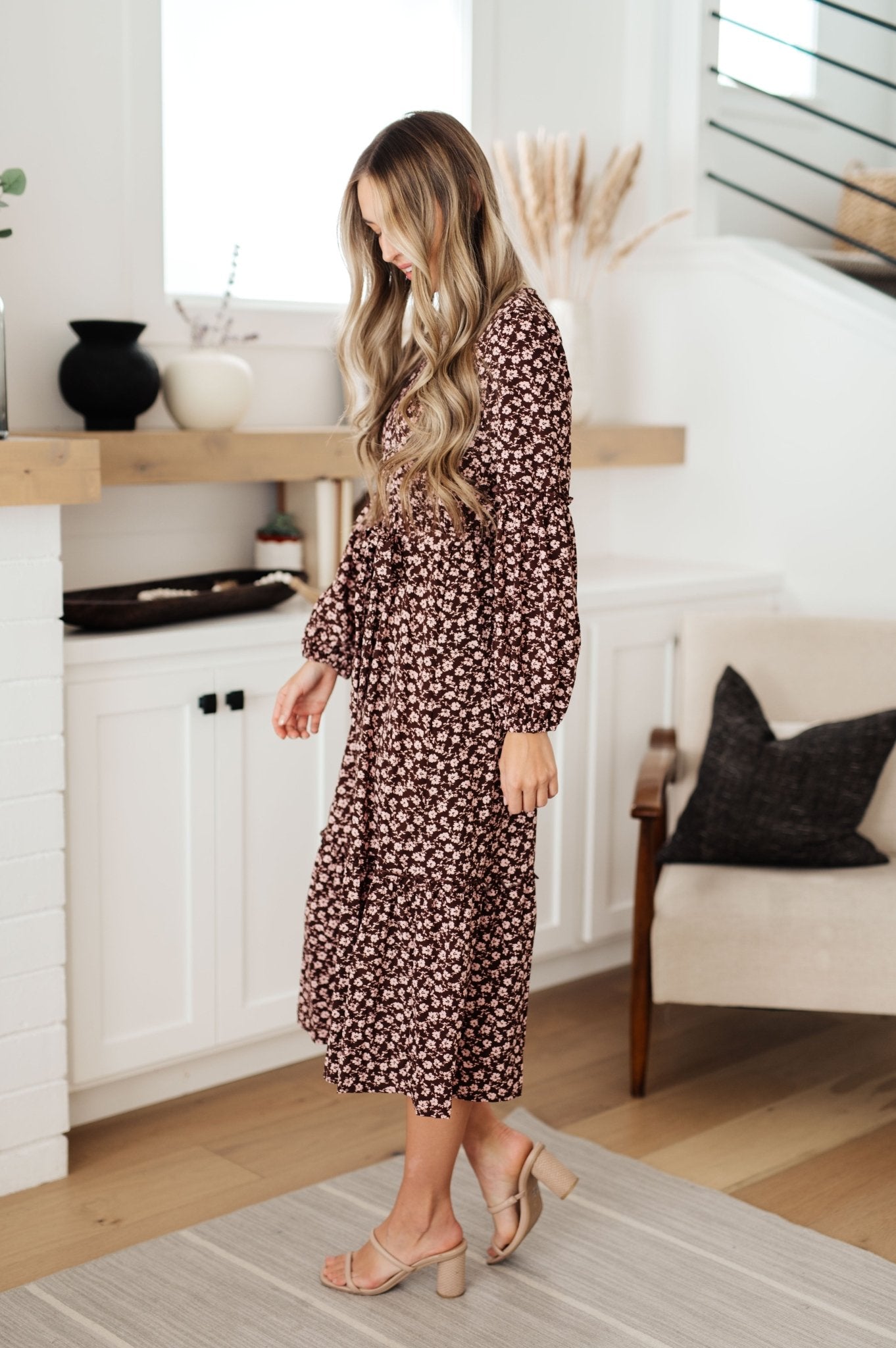 Flow With The Times Floral Midi Dress In Brown - Molliee Boutique