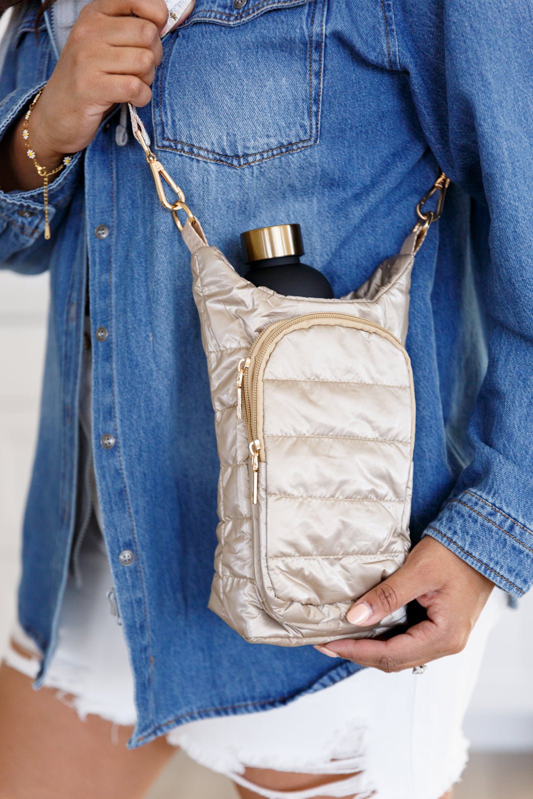 Gotcha Girl Puffer Tumbler Tote in Gold - Molliee Boutique