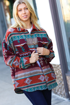 Holiday Aztec Flannel Textured Button Down Pocketed Shacket - Molliee Boutique