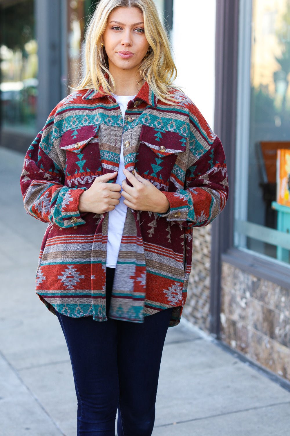 Holiday Aztec Flannel Textured Button Down Pocketed Shacket - Molliee Boutique