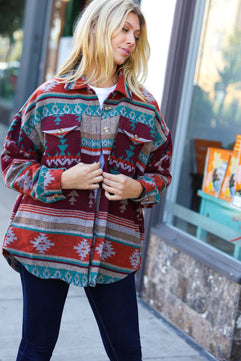 Holiday Aztec Flannel Textured Button Down Pocketed Shacket - Molliee Boutique