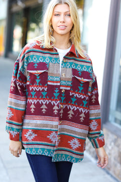 Holiday Aztec Flannel Textured Button Down Pocketed Shacket - Molliee Boutique