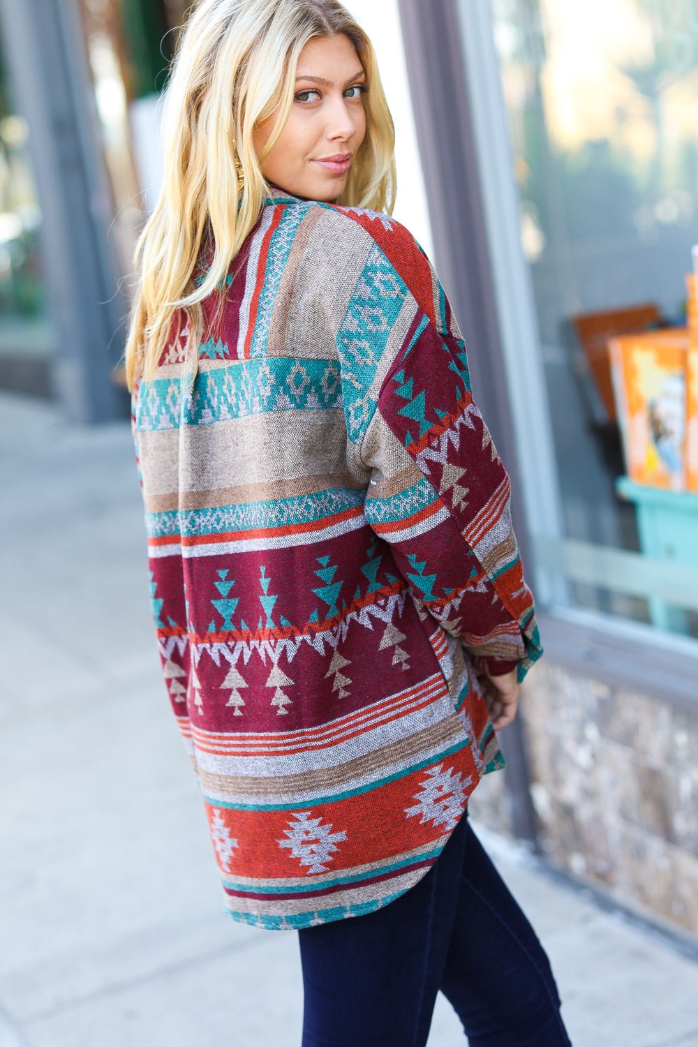 Holiday Aztec Flannel Textured Button Down Pocketed Shacket - Molliee Boutique