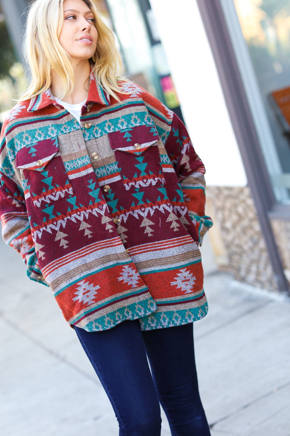 Holiday Aztec Flannel Textured Button Down Pocketed Shacket - Molliee Boutique