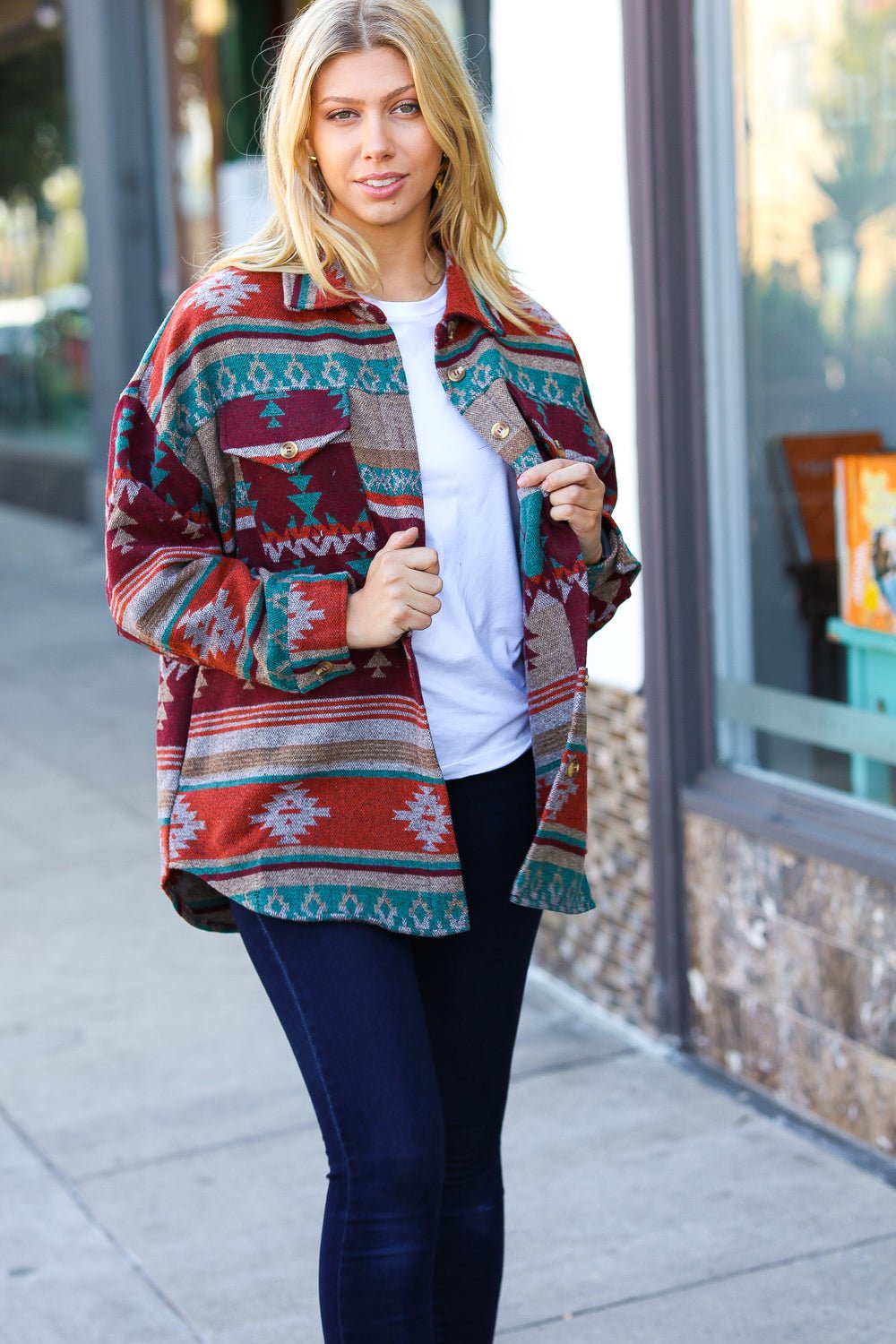 Holiday Aztec Flannel Textured Button Down Pocketed Shacket - Molliee Boutique