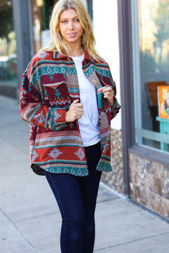 Holiday Aztec Flannel Textured Button Down Pocketed Shacket - Molliee Boutique