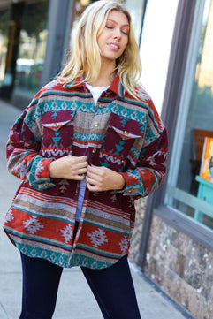 Holiday Aztec Flannel Textured Button Down Pocketed Shacket - Molliee Boutique