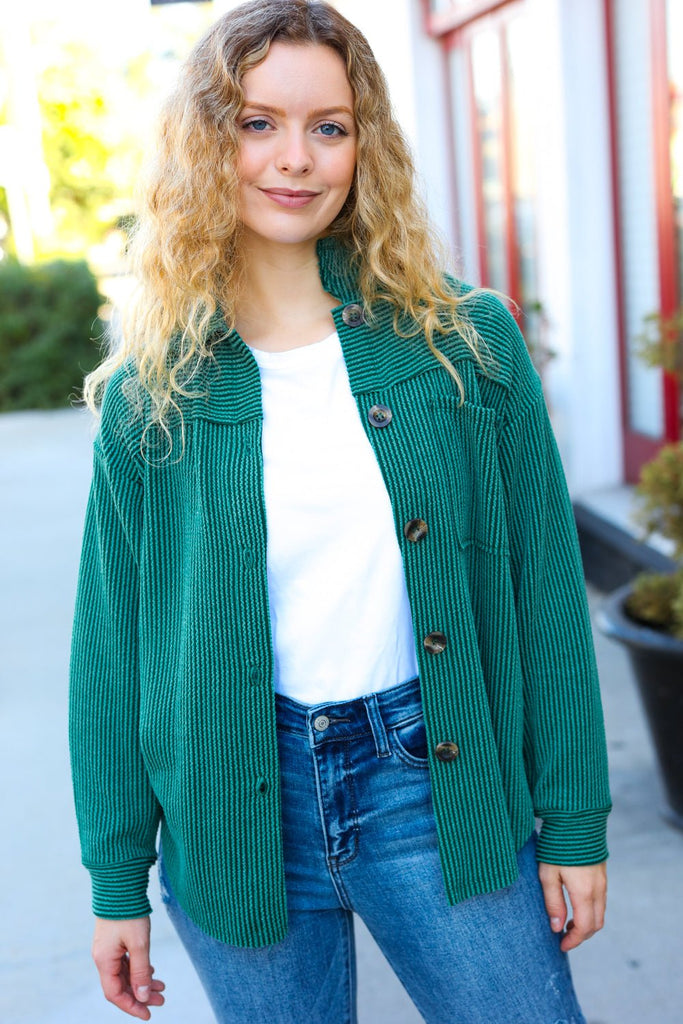 Holiday Pine Green Ribbed Button Down Shacket - Molliee Boutique