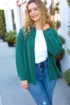 Holiday Pine Green Ribbed Button Down Shacket - Molliee Boutique