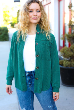 Holiday Pine Green Ribbed Button Down Shacket - Molliee Boutique