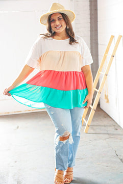 Ivory & Peach Woven Crepe Tiered Dolman Blouse - Molliee Boutique