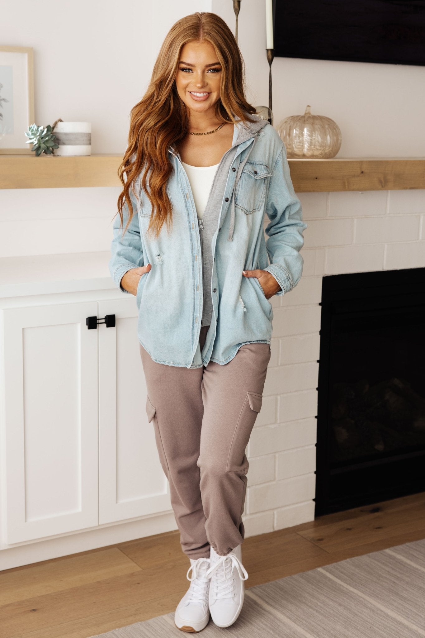 Jordan Hooded Denim Shacket in Light Wash - Molliee Boutique