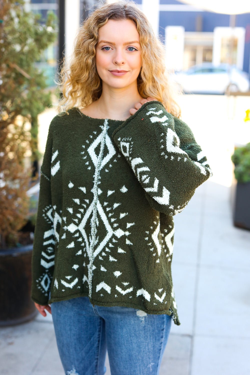 Just A Feeling Olive Aztec Print Fuzzy Sweater - Molliee Boutique