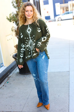 Just A Feeling Olive Aztec Print Fuzzy Sweater - Molliee Boutique