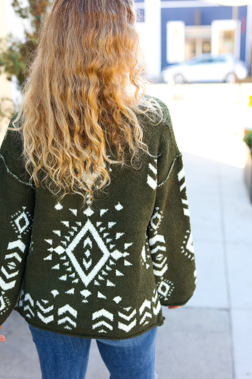 Just A Feeling Olive Aztec Print Fuzzy Sweater - Molliee Boutique