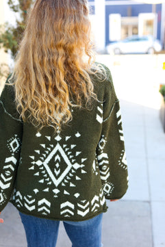 Just A Feeling Olive Aztec Print Fuzzy Sweater - Molliee Boutique