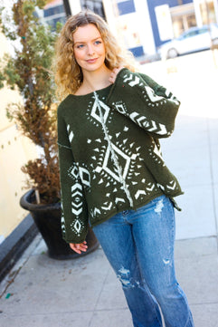 Just A Feeling Olive Aztec Print Fuzzy Sweater - Molliee Boutique