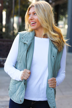 Layer Up Sage High Neck Quilted Puffer Vest - Molliee Boutique