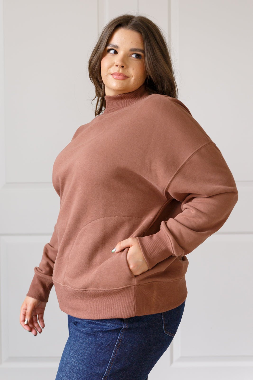 Leena Mock Neck Pullover in Cocoa - Molliee Boutique