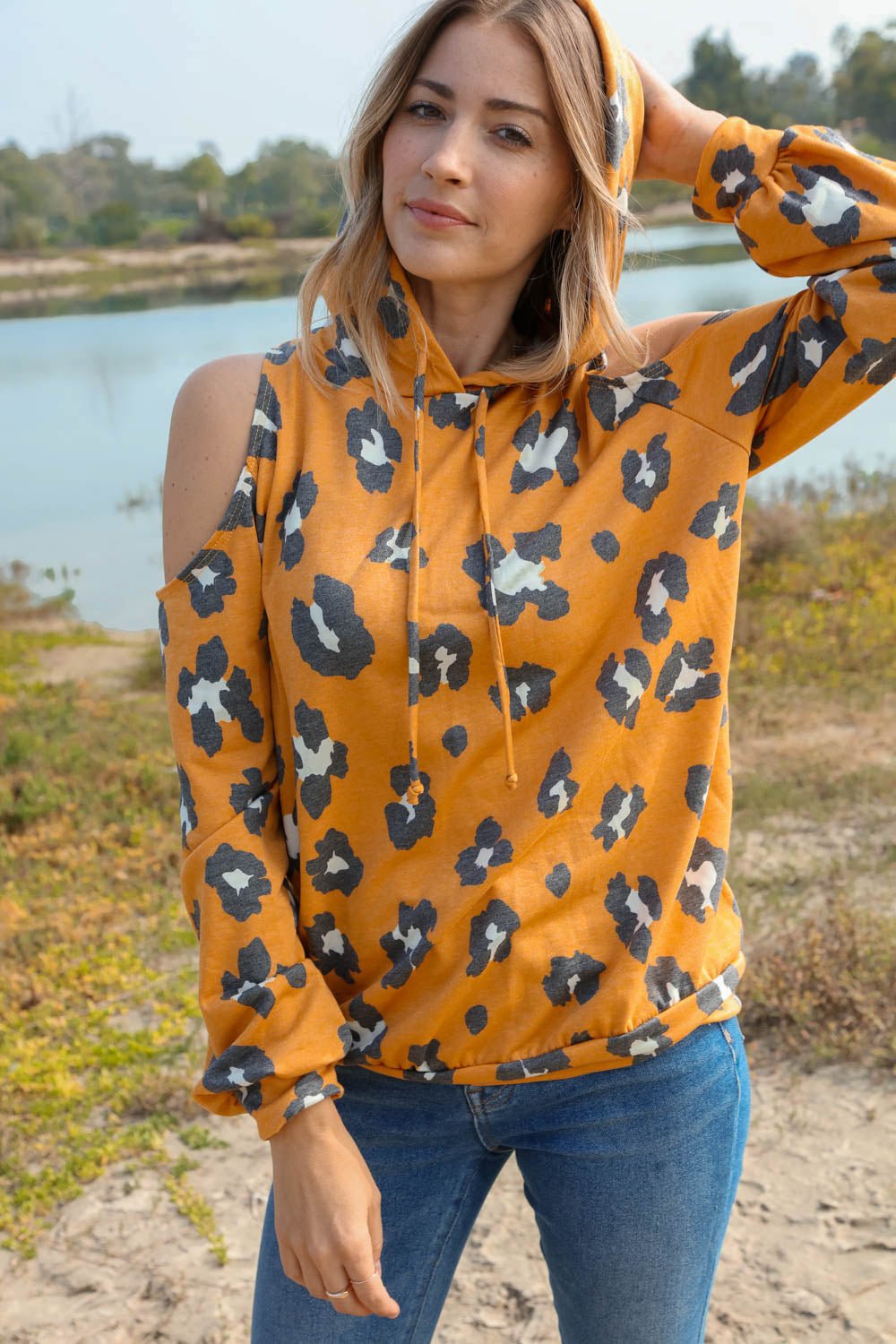 Leopard Print Cold Shoulder Hoodie Top - Molliee Boutique