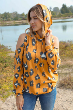 Leopard Print Cold Shoulder Hoodie Top - Molliee Boutique