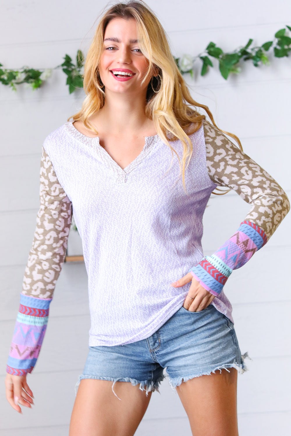 Lilac Animal & Aztec Notched Top - Molliee Boutique